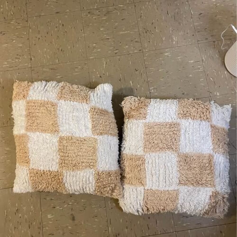 Tan Brown and White Neutral Checkered Decorative Shag Throw Pillow Set of 2